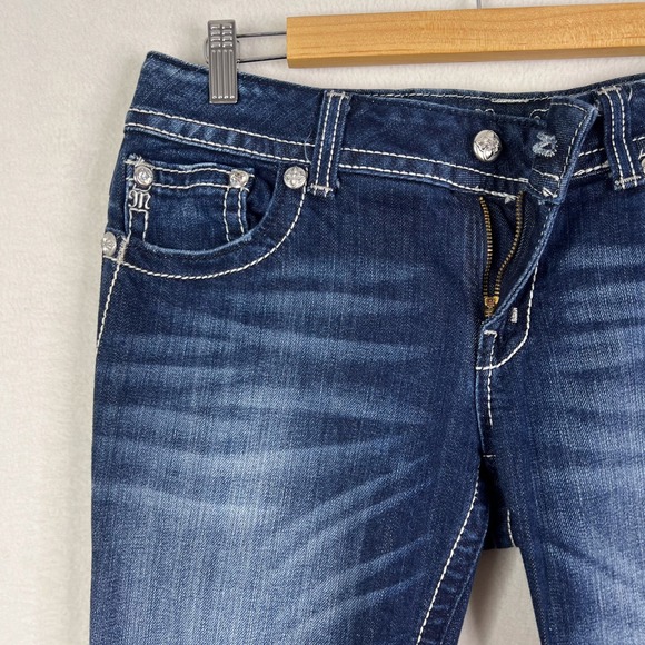 Miss Me Dark Wash Sequin Flap Pockets Low Rise Bootcut Jeans Size 31 - Picture 5 of 15